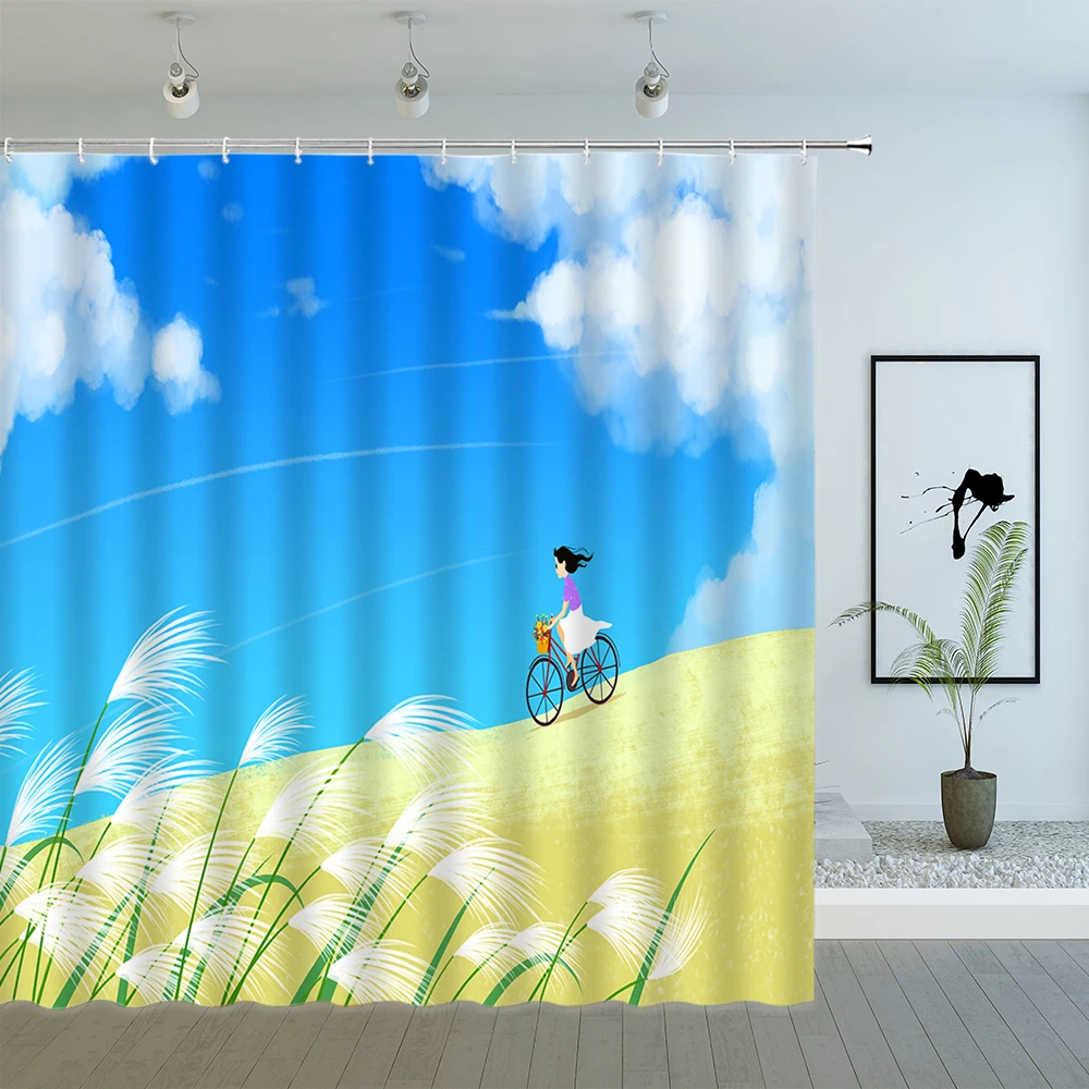 

Cartoon illustration Scenic Shower Curtain Outdoor Four Seasons Landscape flower Plant View Bathroom Deco Waterproof Bath Screen