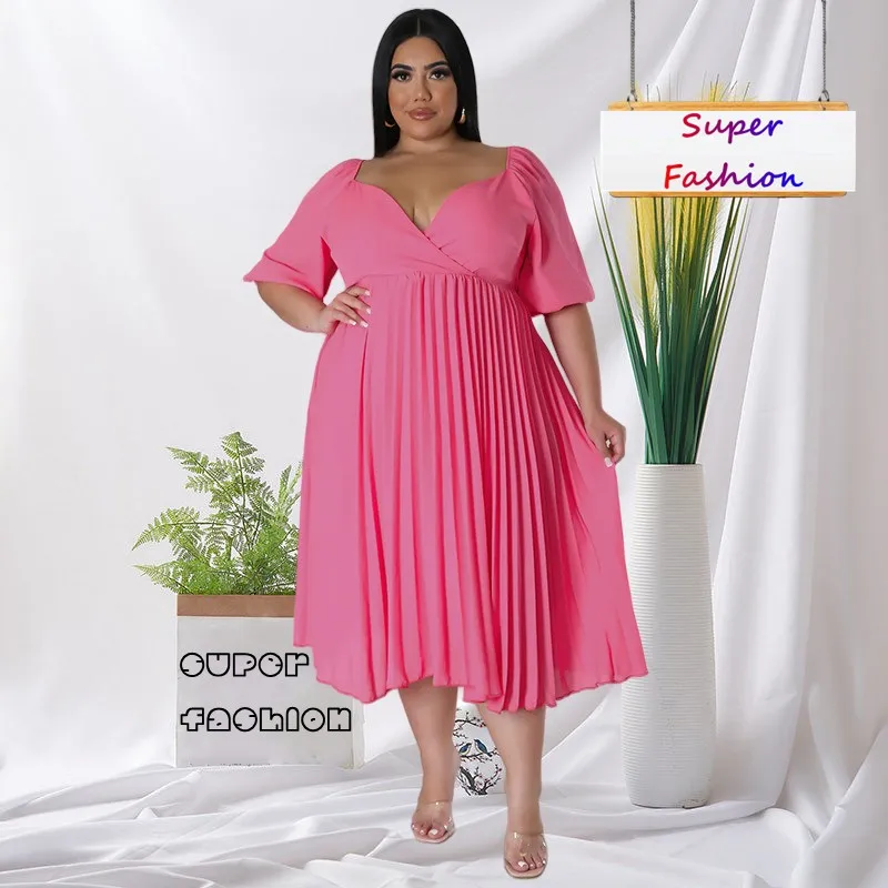 

WSFEC женская одежда большого размера, модная летняя однотонная женская одежда с коротким рукавом и глубоким V-образным вырезом, элегантные плиссированные вечерние платья