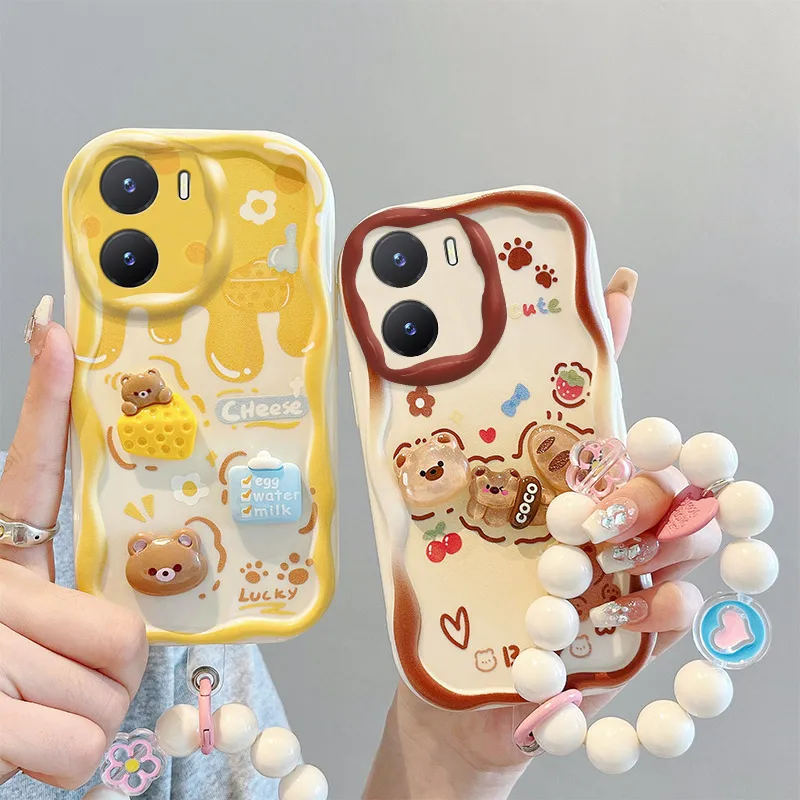 

Wavy Edge Creamy Cartoon Animals Phone Case For Oppo A57 4G A77 4G A57E 4G A57S 4G A77S 4G Hand Strap Bracelet Case Cover
