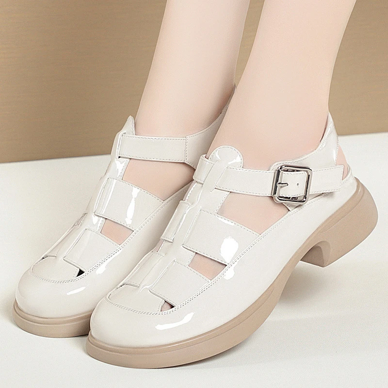 CICIYANG Baotou Roman Sandals for Women 2023 New Summer Woven Openwork One-line Buckle Ladies Shoe Low Heel Black Beige Handmade