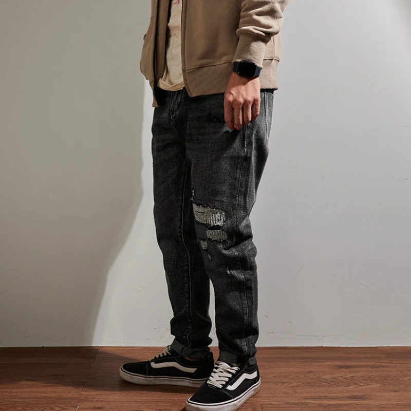 Patch cloth small straight leg jeans for men washed and aged black and grey jeans