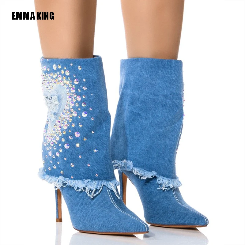 

Женские весенние ботинки на шпильке с острым носком, джинсовые блестящие Полусапожки без застежек, модные полусапожки со стразами, 44