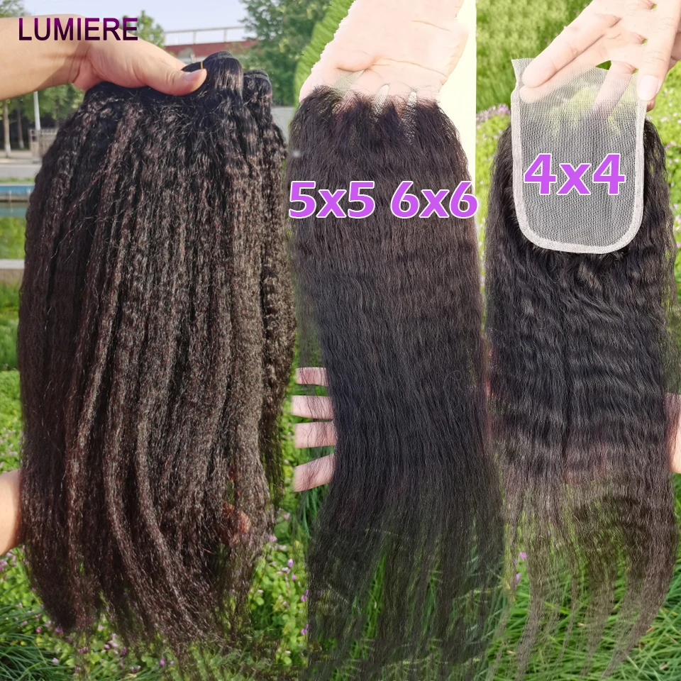 

32 40inch Kinky Straight 3/4 Bundle With Closure Frontal 5x5 6x6 Yaki Straight HD Lace Closure With Bundle Hair Weave Extension