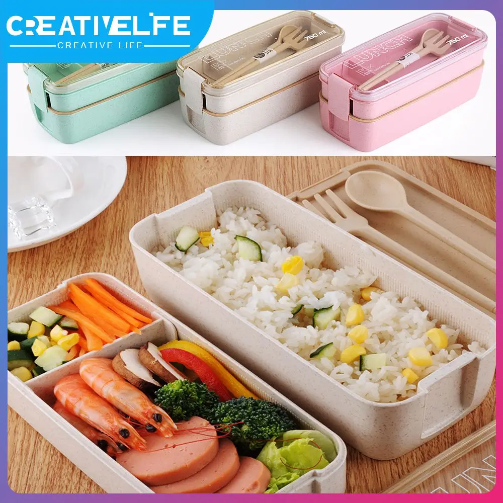 

2019 Portable Wheat Straw 2 Layer Lunch Box For Kids With Compartments Tableware Bento Box Lunch Box For Kids Microwavable XNC