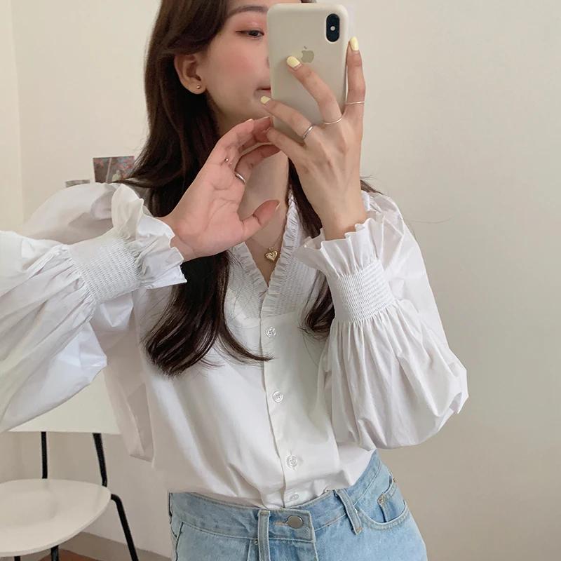 

2022 Chiffon Women's Blouse Fashion White Shirt Summer Solid V-Neck Long Sleeve Top Loose High Street Female Clothing