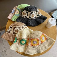 new summer girl woman beach outdoor sunscreen casual fashion retro solid color flower simplicity decorate weaving fisherman hat