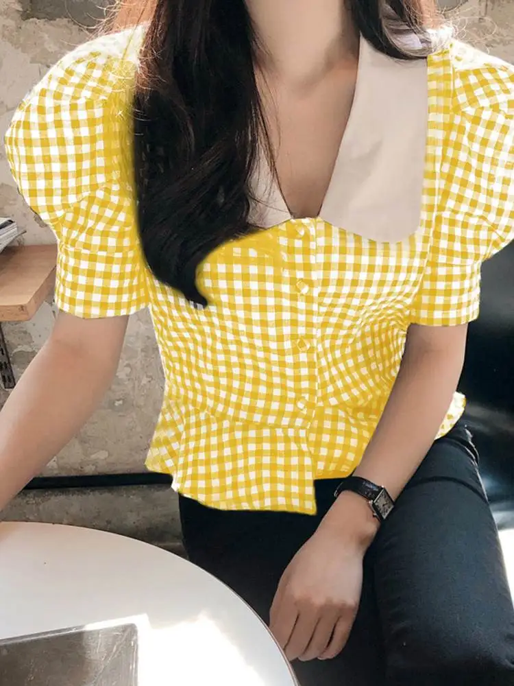 

VONDA Oversize Casual Women Fashion Puff Sleeve Chemise Short Sleeve Ruffled Blouses Doll Collar Plaid Blusas Pleated Tops 2022