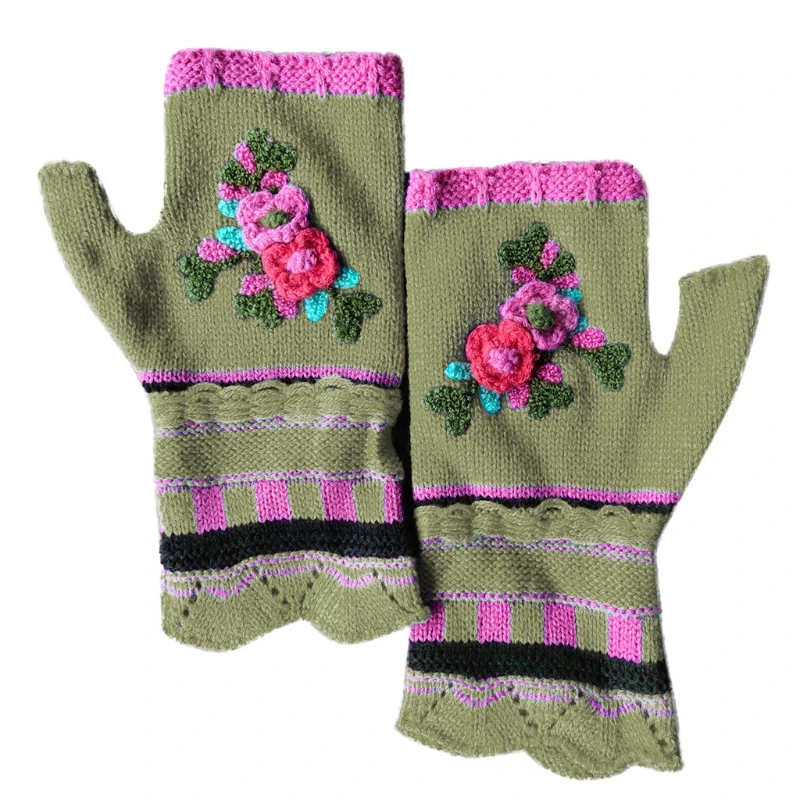 Женские винтажные разноцветные жаккардовые вязаные крючком Цветочные перчатки
