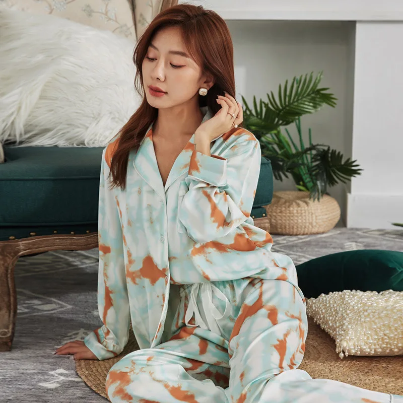 Women's 2 Piece Pajamas Sets Lapel Tie-dyed Pijama Ice Silk Female Pyjama Sleepwear Long Sleeve Shirt Pants Homewear Loungewear