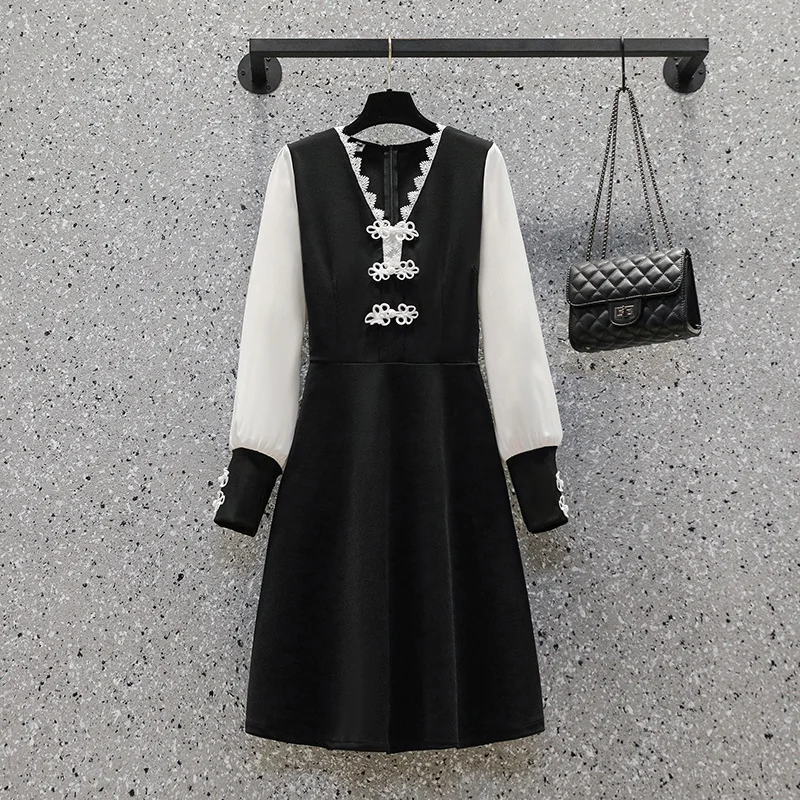 

Женское винтажное платье с бантом, черное элегантное платье составного кроя с длинным рукавом и V-образным вырезом, большие размеры 5XL, осень 2022