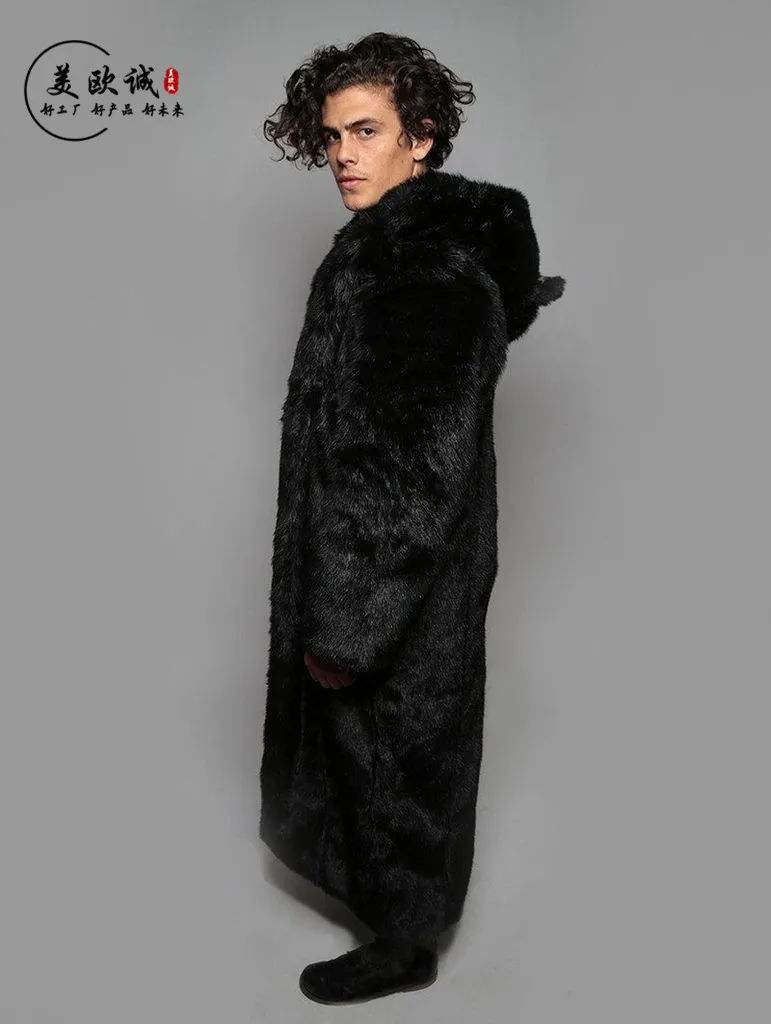 Мужское меховое пальто зимнее Удлиненное из искусственного меха с капюшоном для