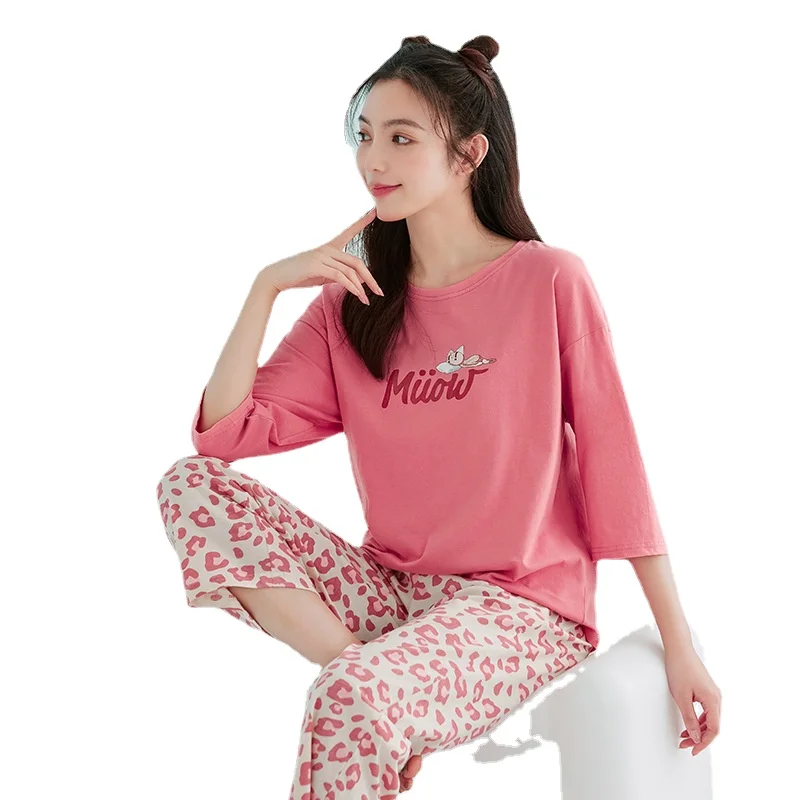 Spring and Summer Pajamas for Women's Pure Cotton Round Neck Sleeve Home Service Suit Small Fresh Style Comfortable Loungewear