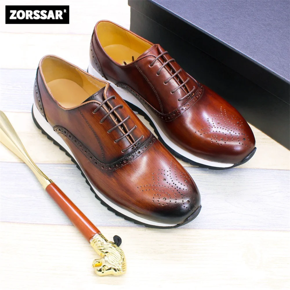 

Casual leather shoe Men genuine leather brogue carved men's shoes Fashion all-match sneakers man thick soles wear wear-resisting