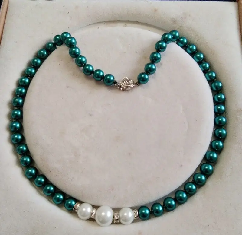 Женское жемчужное ожерелье 8-12 мм темно-зеленое с морской ракушкой 18 дюймов