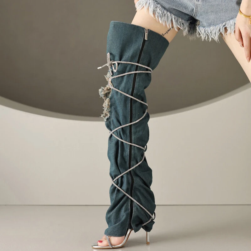 

Женские джинсовые Высокие Сапоги выше колена, на высоком каблуке, со шнуровкой