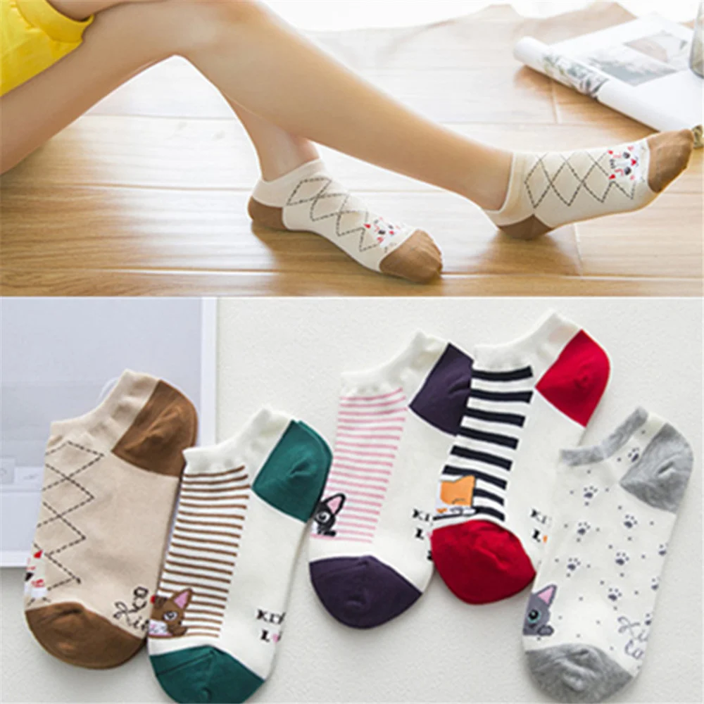 

New Spring and Summer Japanese Female Cartoon Breathable Soft Socks Cotton Ladies Lovey Cats Printed Short Socks