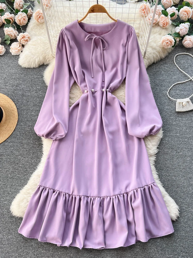 

Aibeautyer New Casual Spring Autumn Solid Slim Full Lady Dress A Line O Neck Chiffon Pullover Mid-Calf Women Dresses
