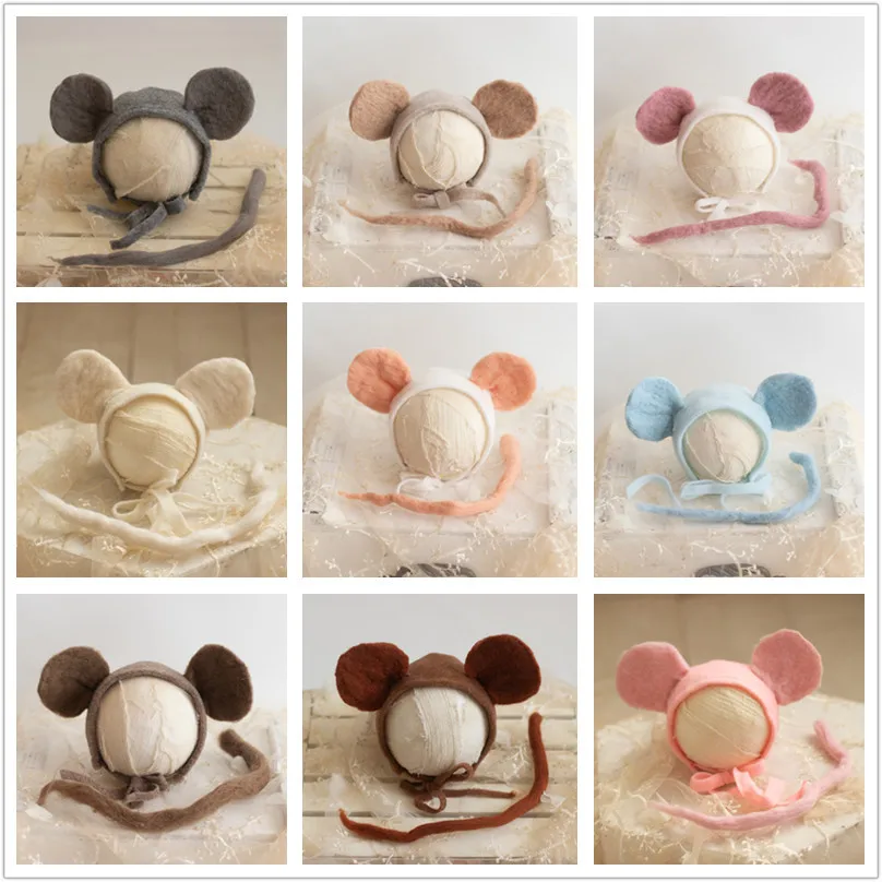 

Newborn Photography Props Handmade Wool Felt Mouse Mickey Bear Shape Hat Rattan Chair Wool Pad Photo Studio Shooting Accessories