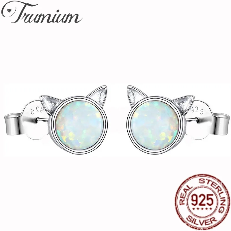 

Trumium Cat Earrings Stud Earrings 925 Sterling Silver Hypoallergenic Earrings for Women Silver Opal Earrings for Sensitive Ears