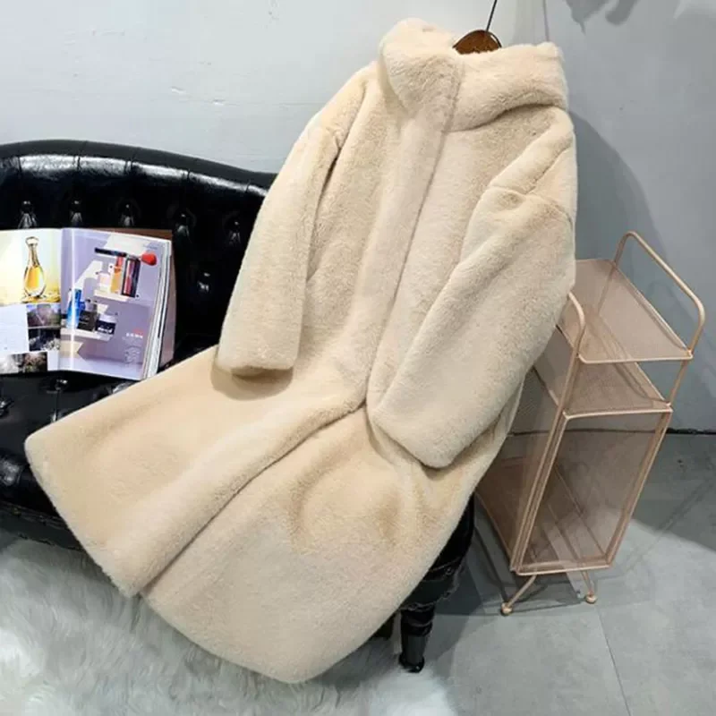New2022 Coat Women Faux Rabbit Hair Fur Coat Korean Hooded Imitation Mink Hair Long Jacket Loose Thick Warm Faux Fur Jacket Tide