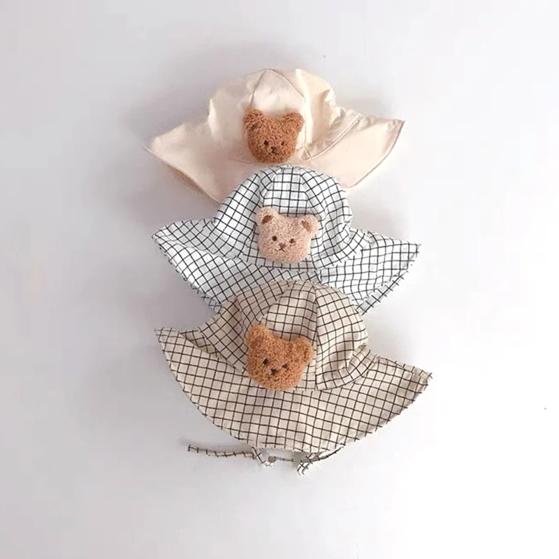 

Fashion Baby Boys Girls Cartoon Bear Adjustable Kids Hats Plaid Style Cap Summer Beach Travel Accessories for Babies 8 Month-3
