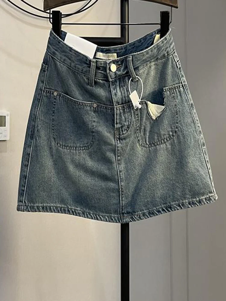 

Женская винтажная джинсовая юбка, стирающаяся трапециевидная юбка с высокой талией и эффектом потертости, в стиле High Street, весна-лето