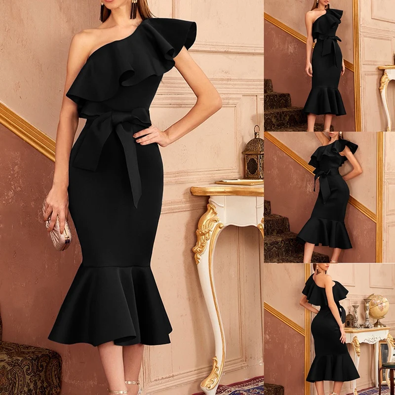 

New Summer One Shoulder Trumpet Bandage Dress For Women Sexy Ruffles Club Evening Runway Party Dresses Black