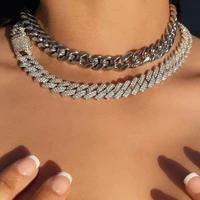 14mm iced out rhinestone prong cuban link chain necklace women men luxury crystal square cuban choker necklace hip hop jewelry