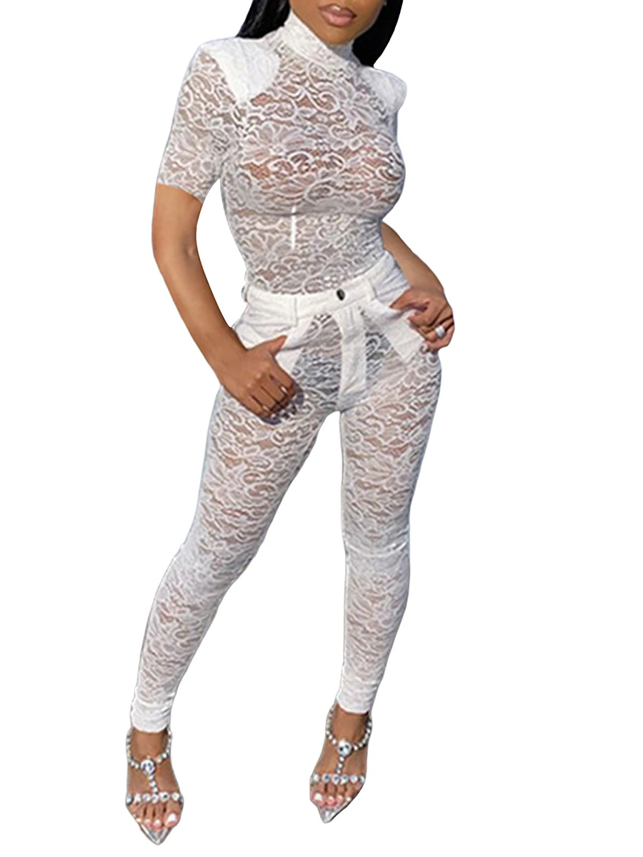 

Сексуальный Lece прозрачный комплект из двух предметов, Женская сетчатая модная популярная одежда с длинным рукавом, обтягивающий однотонный топ и брюки для вечерние, комплект