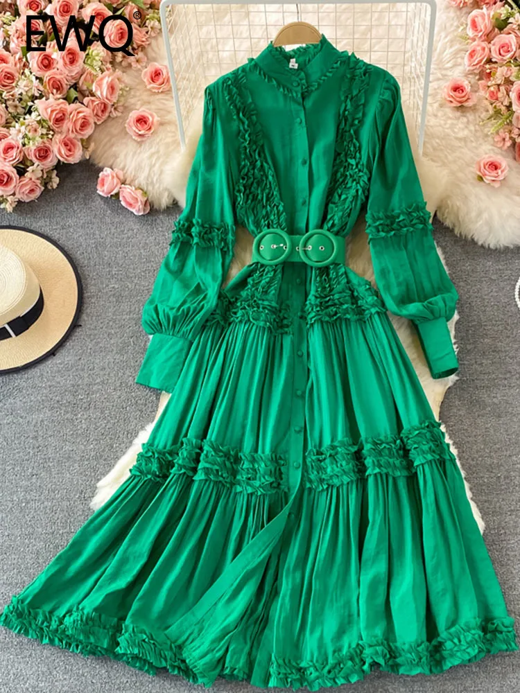 

EWQ Ruffles Patchwork With Belt Long-sleeve High Waist A-line Stand Sweet Style Women's Dress 2023 Autumn New Dresses 27SN3361
