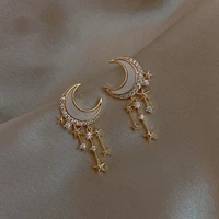 delicate tiny crescent charm cz crystal drop moon star earrings