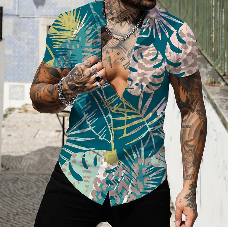 

Men Summer Polyester Short Sleeve Shirt Print Casual Hawaiian Beach Male Top Turn-down Collar T-shirts Men's Clothes Blouse