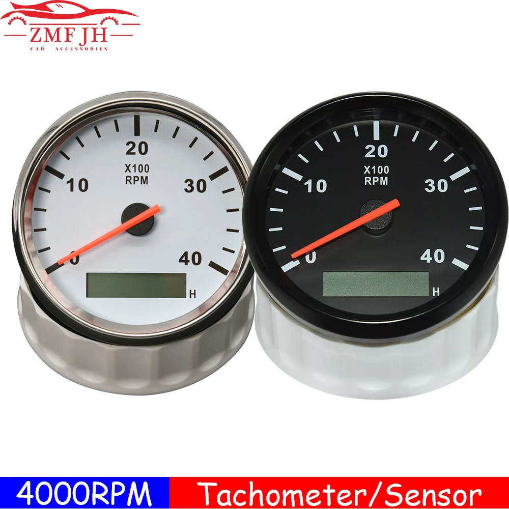 4KRPM Tacho Gauge with Hour Meter 85mm Tach Gauge Sensor REV Counter Gasoline Diesel 12V 24V Red LED Tacho Sensor M16 M18