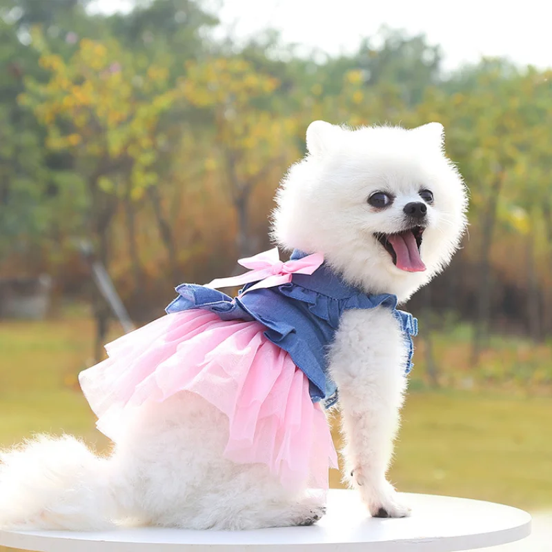 

Pet Denim Dress with Cute Bow-Knot Comfy Vest Skirt Lace Trim Tutu Summer Spring Clothes Dress supplies for Cats and Small Dogs