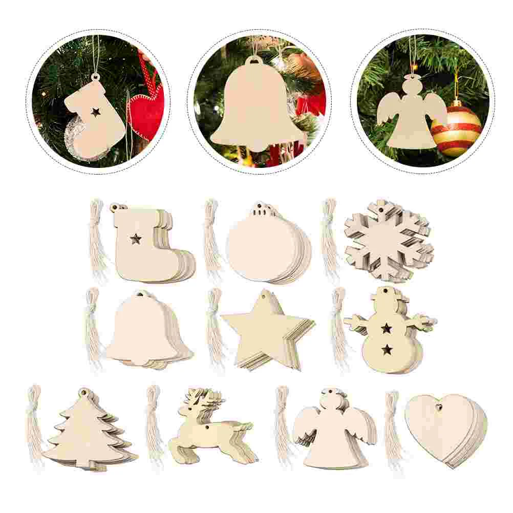 

100pcs Christmas Exquisite Cartoon Wooden Cutouts Wooden Ornaments DIY Crafts With Rope for Home Party Graffiti