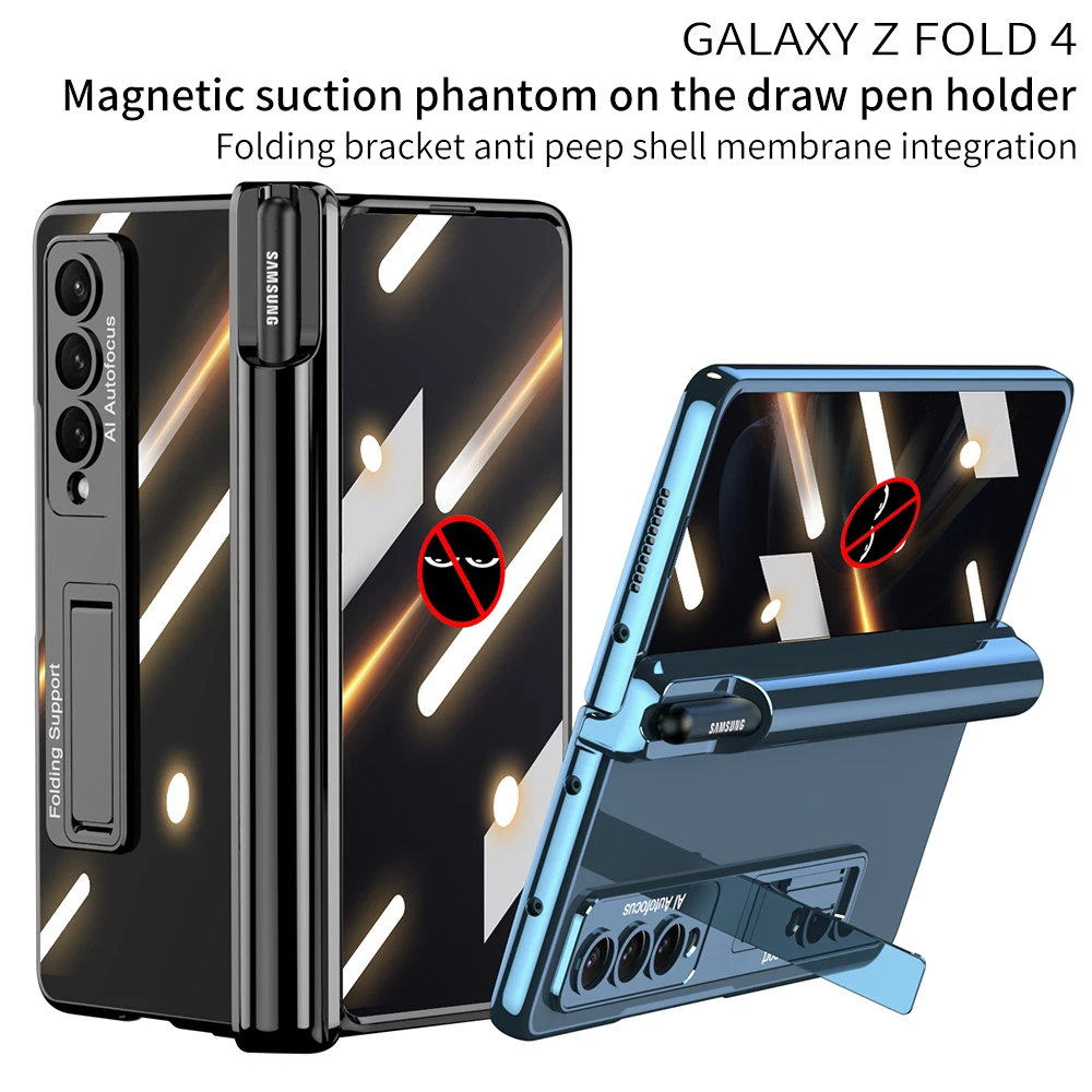 Transparent Plating Case For Samsung Galaxy Z Fold 4 5G With Pen Slot Holder Cover Tempered Glass Film For Galaxy Z Fold 4 Cases
