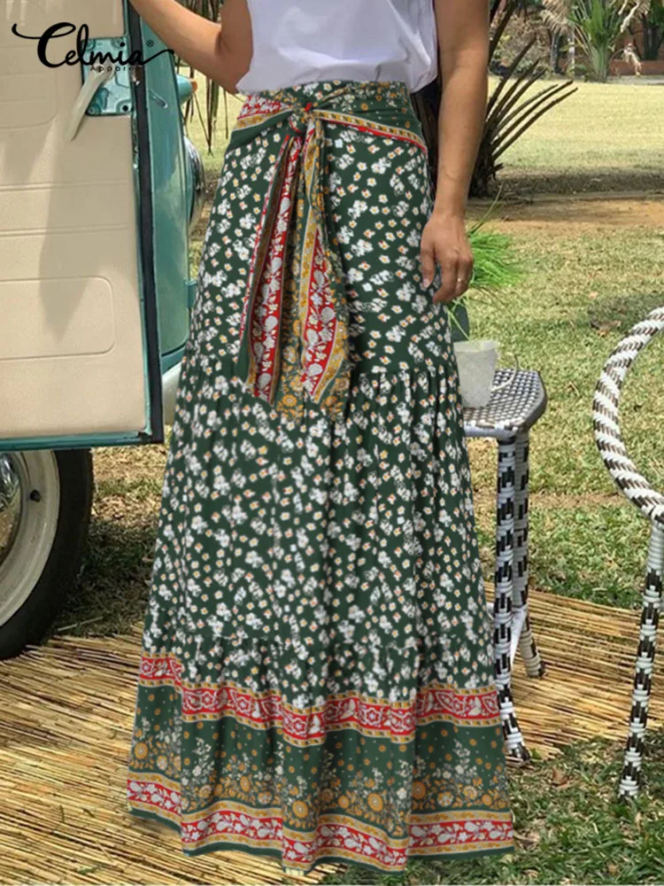 

Long Skirts Women Fashion 2023 Celmia Autumn Bohemian Floral Printed High-Waisted Maxi Skirt Vintage Casual Loose Bandage Bottom