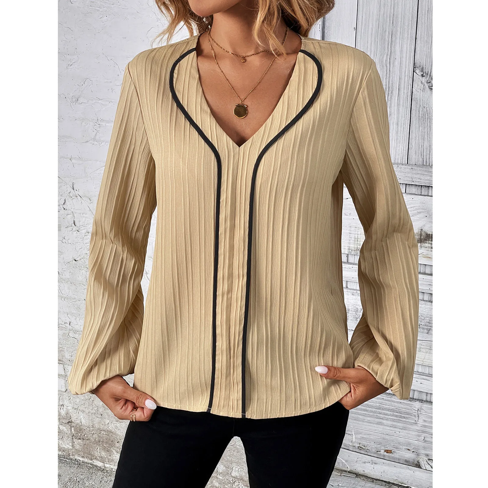 

Autumn Women'S V-Neck T-Shirt Street New Fashion Loose Long Sleeve Shirt Solid Color Casual Blouse Ladies Office Daily Top