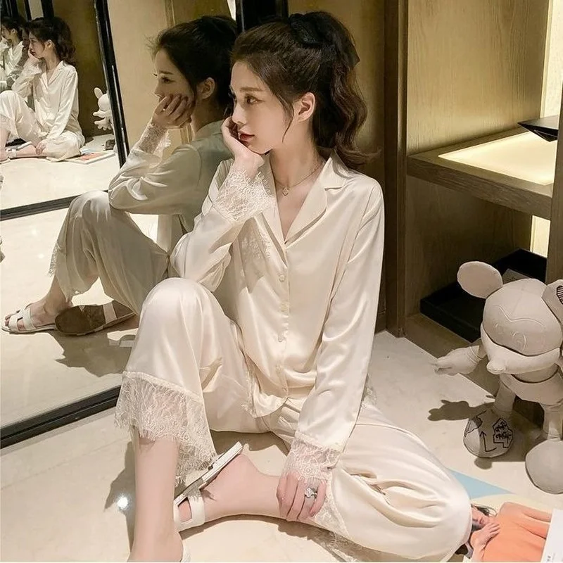 Women's Lace Pajama Set Spring Autumn Thin Sexy Two Piece Set Loose Long Sleeve Home Suit Summer Sleep Top Solid Color Fashion