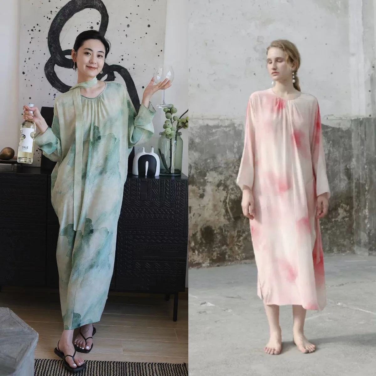 2023 New Lady Fashion Ink Print Long Dress Silk Blend Round Neck Lace-Up Long Sleeve Maxi Dress Women's Elegant Loose Long Robe