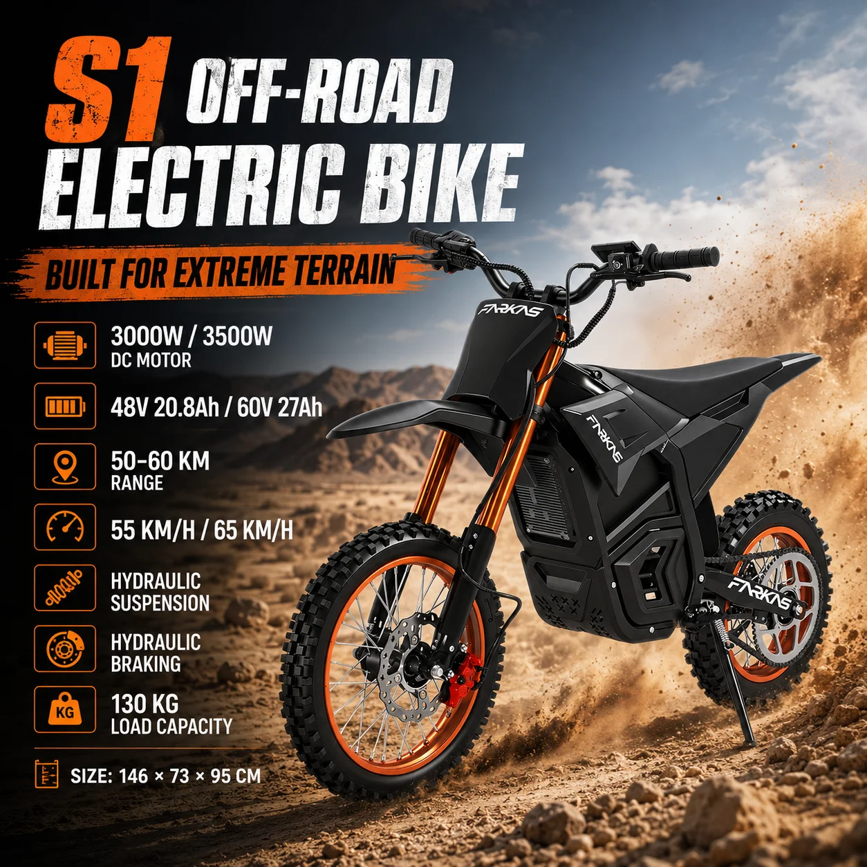 Фото Высокоскоростной электрический мотоцикл S1 E-Bike для бездорожья, двигатель 3000W/3500W, аккумулятор 48V 20.8Ah/60V 27Ah, гидравлическая подвеска, запас хода 50-60 км №2