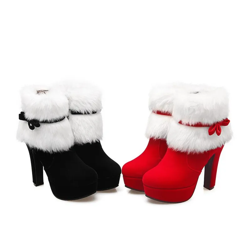 Winter Women Ankle Boots Christmas High Heels Platform Shoes Femme Warm Fur Short Boots Red Black Ladies Party Shoes Plus Size