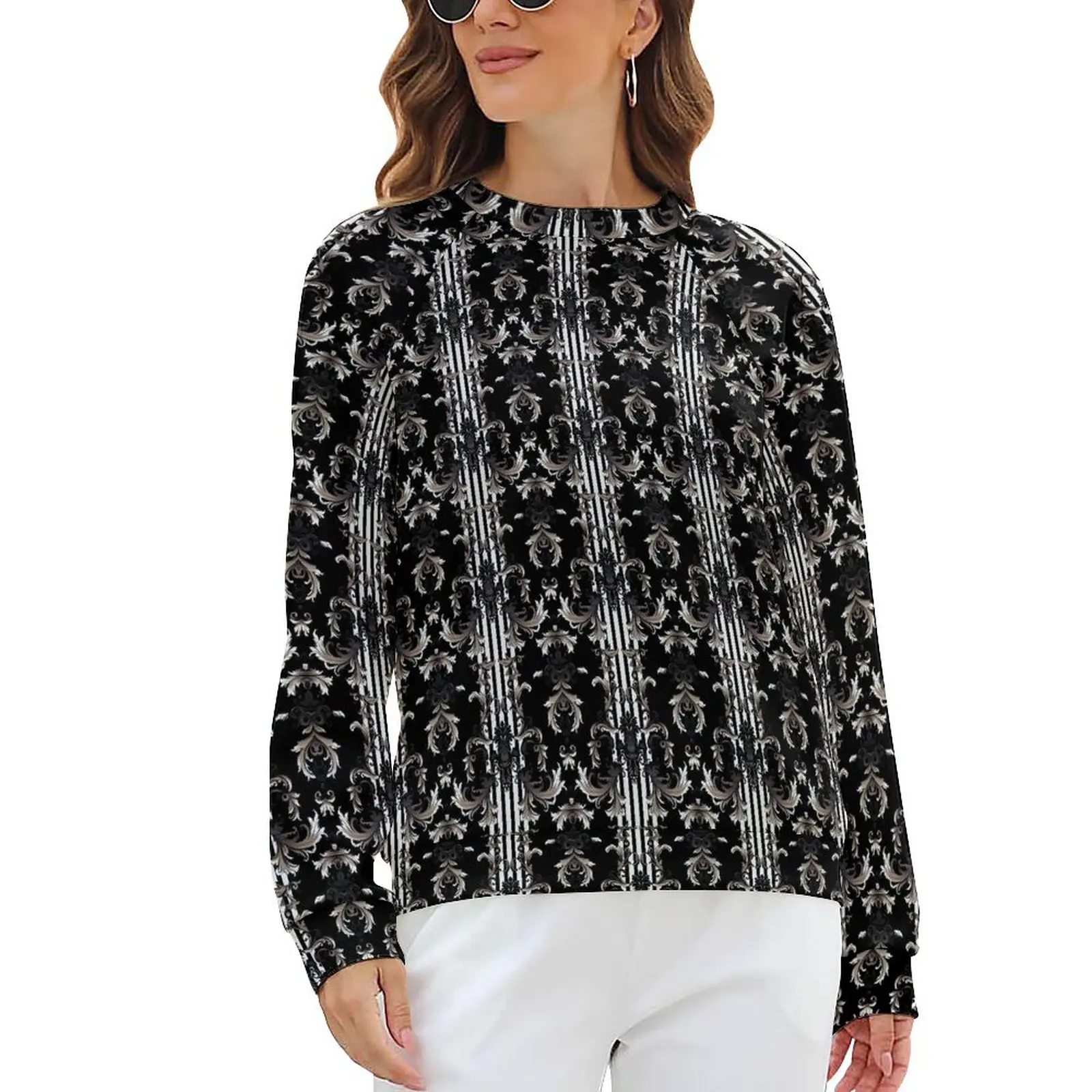

Baroque Print Hoodies Black and White Floral Hip Hop Oversized Hoodie Women Long Sleeve Cute Design Casual Clothing