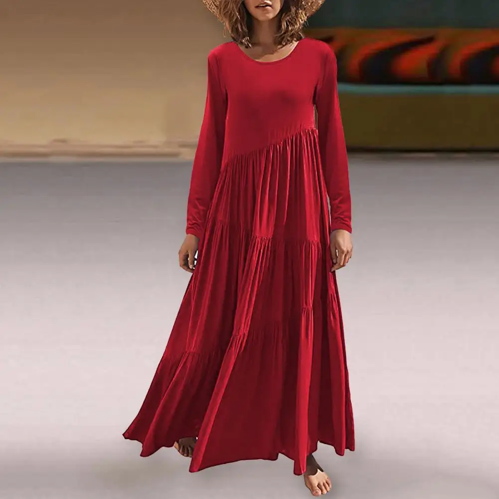 

O-Neck Long Sleeves A-Line High-waisted Women Dress Autumn Winter Asymmetrical Swing Pleated Hem Solid Color Maxi Dress