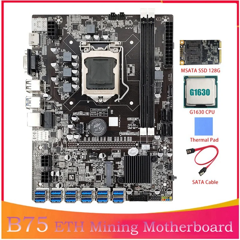 

B75 ETH Mining Motherboard LGA1155 12XPCIE To USB G1630 CPU+SATA Cable+MSATA SSD 128G Supports DDR3 B75 BTC Motherboard