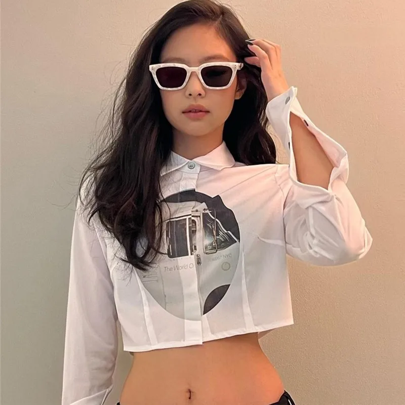 N GIRLS  Jennie Same Tops Dydo Crop Top Women Kpop Graphic Printed Cropped Shirt Korean White Blouse Harajuku Streetwear