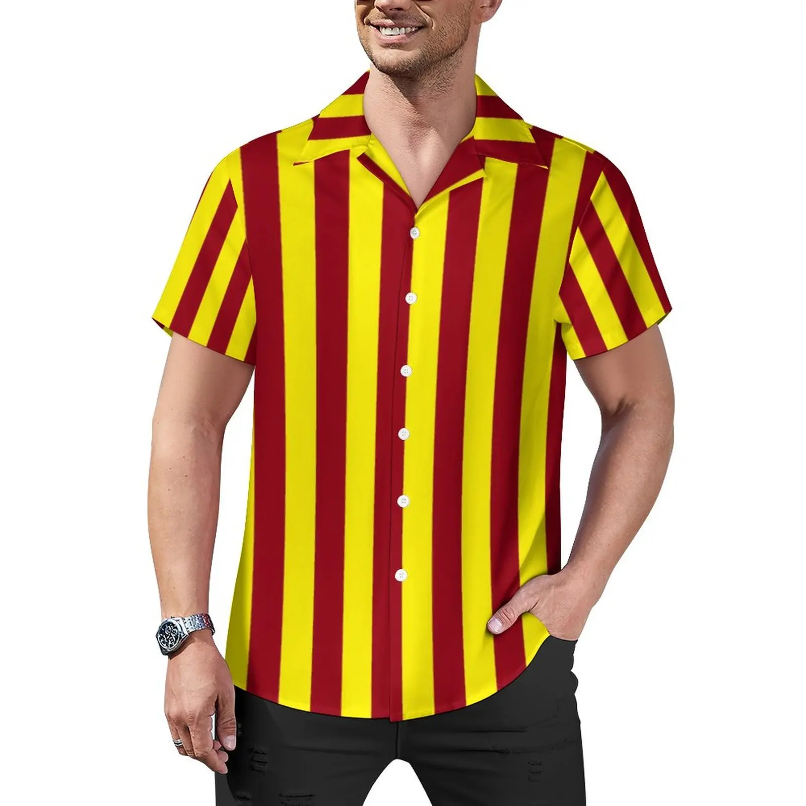 

Vertical Striped Beach Shirt Burgundy and Yellow Hawaii Casual Shirts Man Fashion Blouses Short Sleeve Custom Top Plus Size 4XL