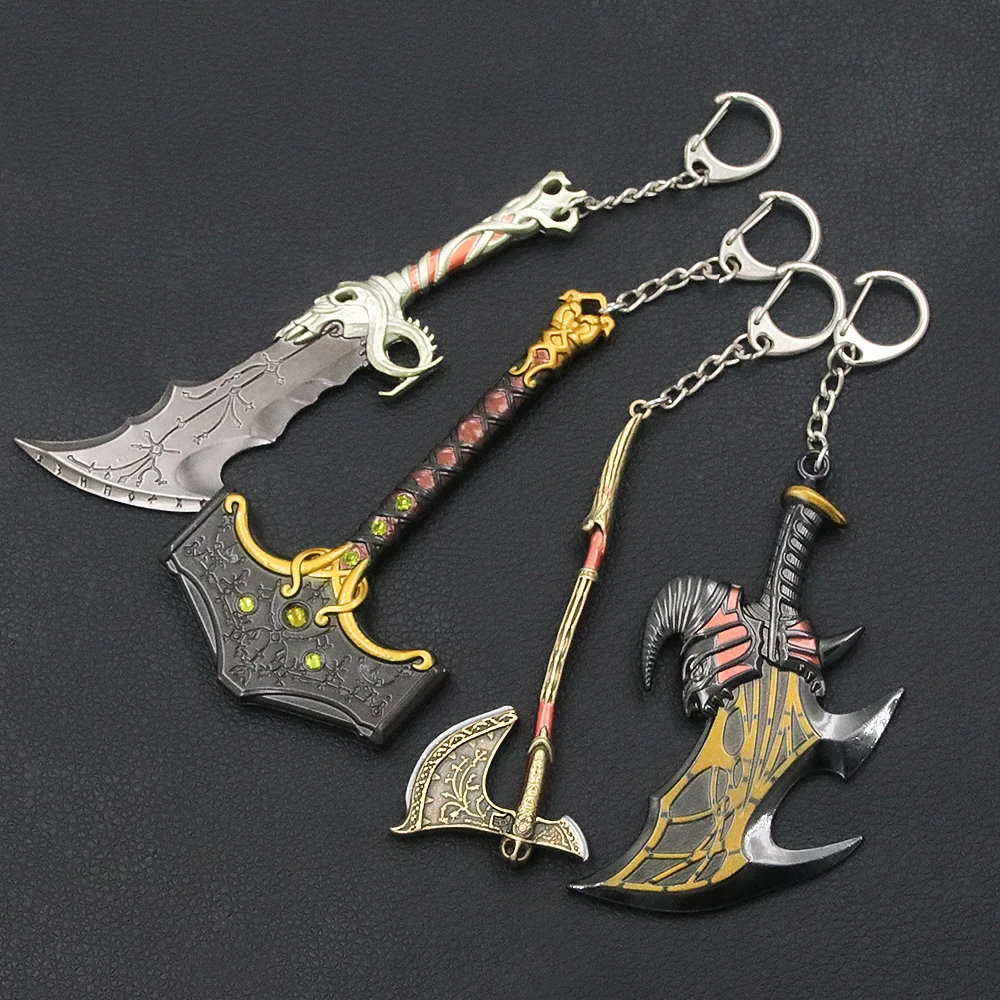 God of War Ragnarok Keychain Kratos Blades of Exile Leviathan Axe Hammer Mjolnir Weapon Penant Key Chain for Men Keying Jewelry