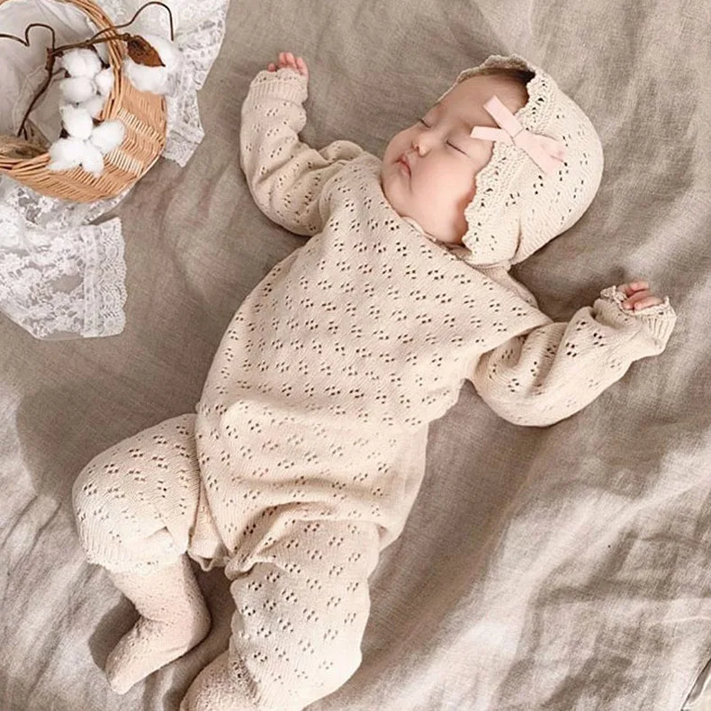 

Baby Romper Cotton Knitting Lace Crew Neck Girl Baby Coverall Spring Autumn Newborn Outdoor Soft Comfortable With Hat Clothing