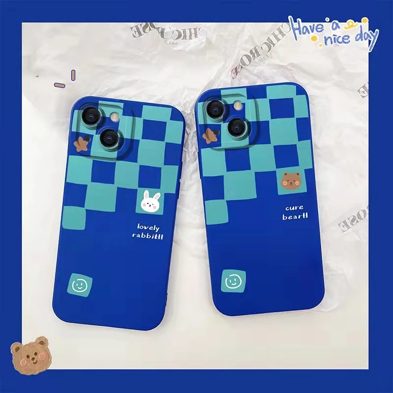 

Cute cartoon bear happy every day rabbit Blue Silicone Phone Case For iPhone 13 12 mini 11 pro xs max X XR 6 7 8 plus SE 2 3